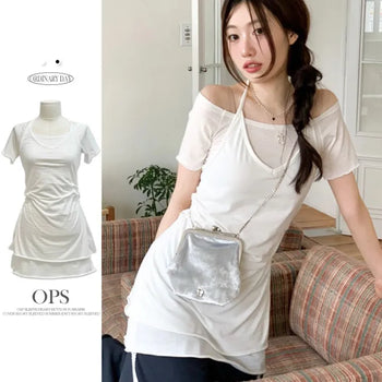 Pomiyu side shirring short-sleeved off-shoulder mini dress