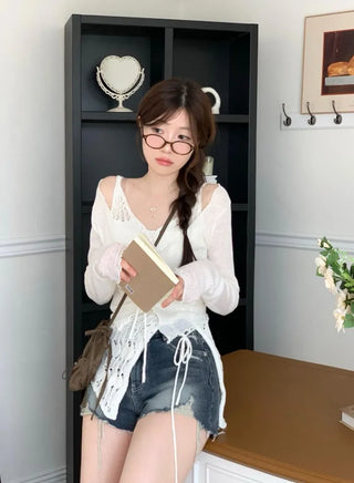 Yui's slim fit wave see-through slim long sleeve V-neck cardigan in