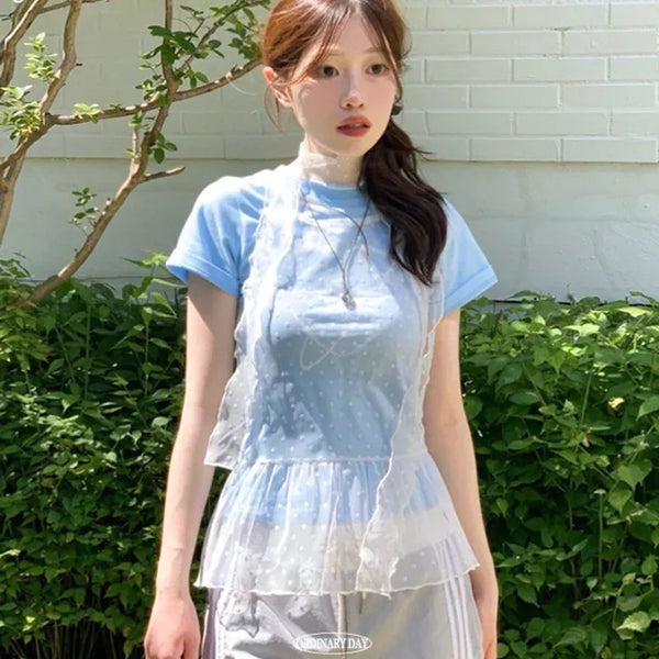 Yuumi dot see-through lace layered frill halter neck mini one-piece muffler set