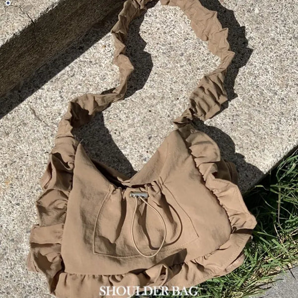 Elisa Vintage Frill Shirring Strap Nylon Shoulder Bag
