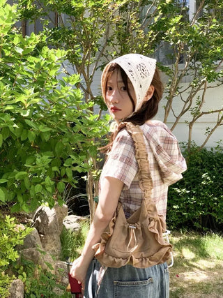 Elisa Vintage Frill Shirring Strap Nylon Shoulder Bag