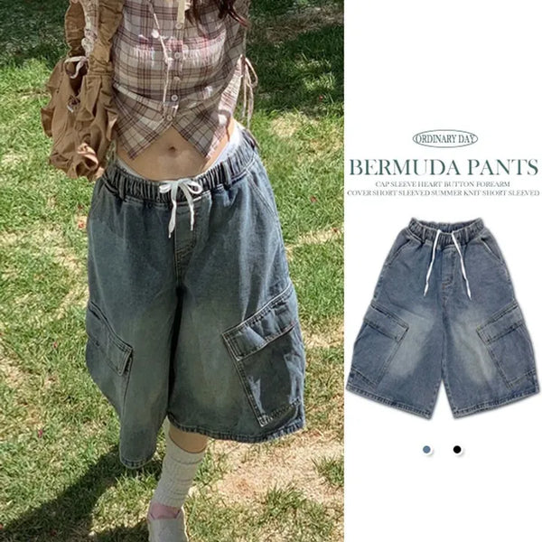 Dafi Cargo Wide Vintage Washed Bermuda Banding Strap Denim Pants