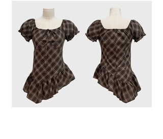 Nichia Vintage Ribbon Check Frill Ruffle Square Neck Off-Shoulder Cotton Puff Blouse