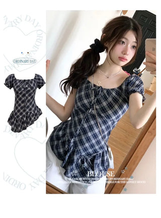 Nichia Vintage Ribbon Check Frill Ruffle Square Neck Off-Shoulder Cotton Puff Blouse