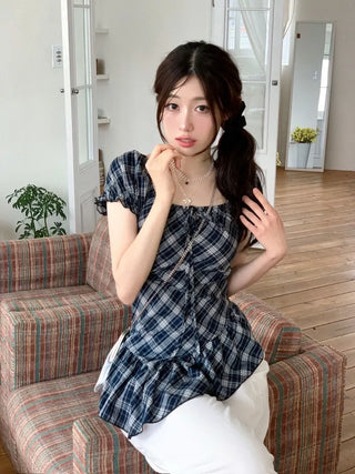Nichia Vintage Ribbon Check Frill Ruffle Square Neck Off-Shoulder Cotton Puff Blouse