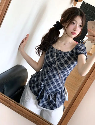 Nichia Vintage Ribbon Check Frill Ruffle Square Neck Off-Shoulder Cotton Puff Blouse