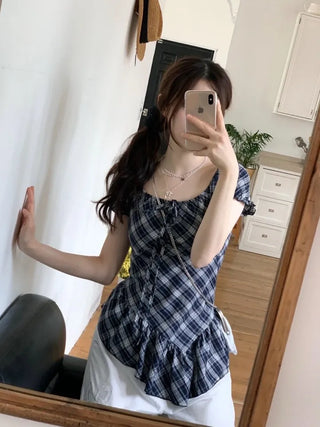 Nichia Vintage Ribbon Check Frill Ruffle Square Neck Off-Shoulder Cotton Puff Blouse
