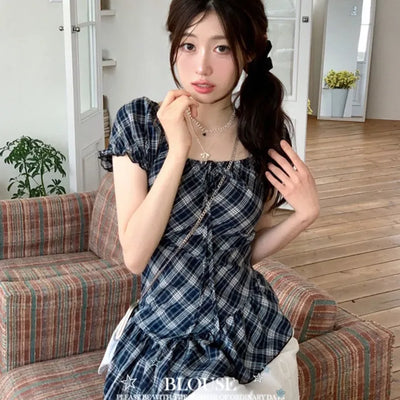 Nichia Vintage Ribbon Check Frill Ruffle Square Neck Off-Shoulder Cotton Puff Blouse