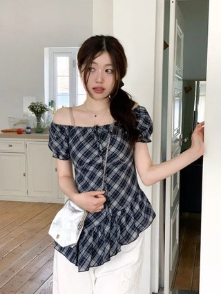 Nichia Vintage Ribbon Check Frill Ruffle Square Neck Off-Shoulder Cotton Puff Blouse