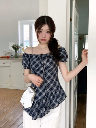 Nichia Vintage Ribbon Check Frill Ruffle Square Neck Off-Shoulder Cotton Puff Blouse