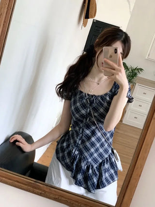 Nichia Vintage Ribbon Check Frill Ruffle Square Neck Off-Shoulder Cotton Puff Blouse
