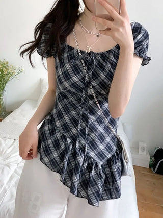 Nichia Vintage Ribbon Check Frill Ruffle Square Neck Off-Shoulder Cotton Puff Blouse
