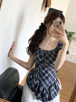 Nichia Vintage Ribbon Check Frill Ruffle Square Neck Off-Shoulder Cotton Puff Blouse