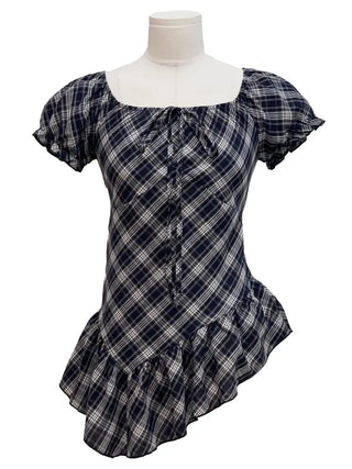 Nichia Vintage Ribbon Check Frill Ruffle Square Neck Off-Shoulder Cotton Puff Blouse