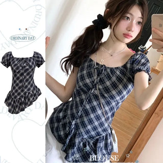 Nichia Vintage Ribbon Check Frill Ruffle Square Neck Off-Shoulder Cotton Puff Blouse