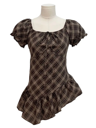 Nichia Vintage Ribbon Check Frill Ruffle Square Neck Off-Shoulder Cotton Puff Blouse