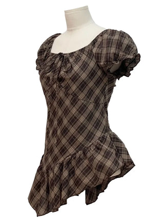 Nichia Vintage Ribbon Check Frill Ruffle Square Neck Off-Shoulder Cotton Puff Blouse