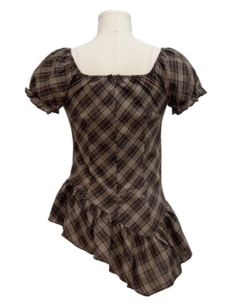 Nichia Vintage Ribbon Check Frill Ruffle Square Neck Off-Shoulder Cotton Puff Blouse