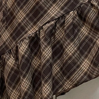 Nichia Vintage Ribbon Check Frill Ruffle Square Neck Off-Shoulder Cotton Puff Blouse
