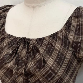 Nichia Vintage Ribbon Check Frill Ruffle Square Neck Off-Shoulder Cotton Puff Blouse