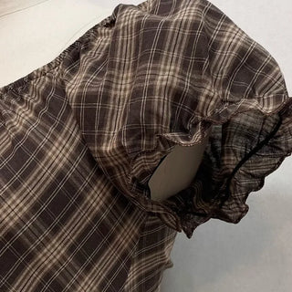 Nichia Vintage Ribbon Check Frill Ruffle Square Neck Off-Shoulder Cotton Puff Blouse