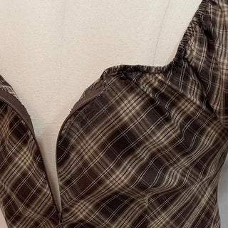 Nichia Vintage Ribbon Check Frill Ruffle Square Neck Off-Shoulder Cotton Puff Blouse