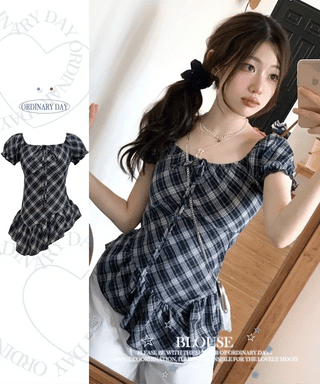 Nichia Vintage Ribbon Check Frill Ruffle Square Neck Off-Shoulder Cotton Puff Blouse