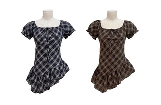 Nichia Vintage Ribbon Check Frill Ruffle Square Neck Off-Shoulder Cotton Puff Blouse