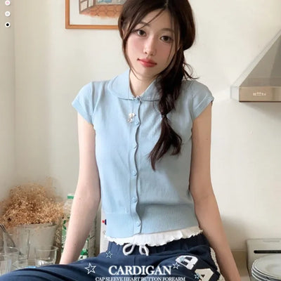 Anishi Lovely Crew Neck Summer Heart Button Short Sleeve Half Sleeve Shibori Knit Cardigan