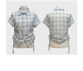 Labills vintage check ribbon strap shirring loose fit short sleeve shirt