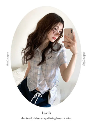 Labills vintage check ribbon strap shirring loose fit short sleeve shirt