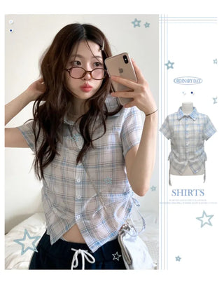 Labills vintage check ribbon strap shirring loose fit short sleeve shirt