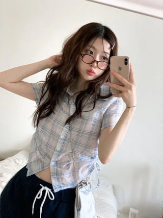 Labills vintage check ribbon strap shirring loose fit short sleeve shirt