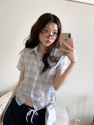 Labills vintage check ribbon strap shirring loose fit short sleeve shirt