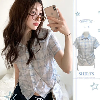 Labills vintage check ribbon strap shirring loose fit short sleeve shirt