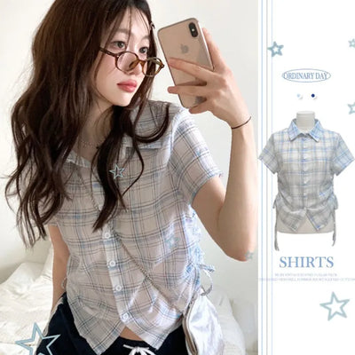 Labills vintage check ribbon strap shirring loose fit short sleeve shirt