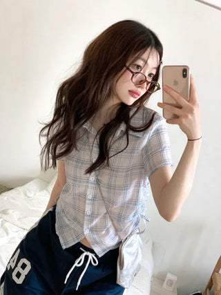 Labills vintage check ribbon strap shirring loose fit short sleeve shirt