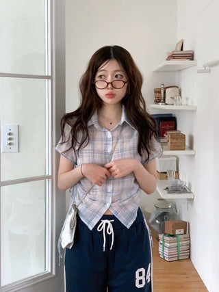 Labills vintage check ribbon strap shirring loose fit short sleeve shirt