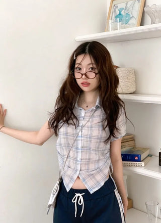 Labills vintage check ribbon strap shirring loose fit short sleeve shirt
