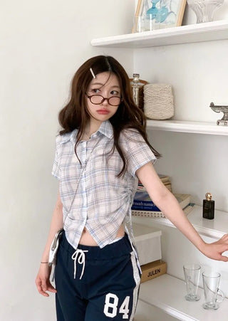 Labills vintage check ribbon strap shirring loose fit short sleeve shirt