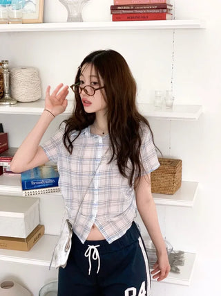 Labills vintage check ribbon strap shirring loose fit short sleeve shirt
