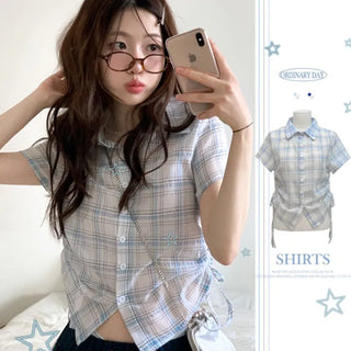 Labills vintage check ribbon strap shirring loose fit short sleeve shirt
