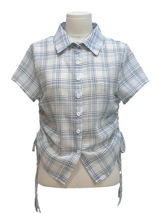 Labills vintage check ribbon strap shirring loose fit short sleeve shirt