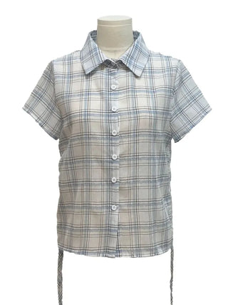 Labills vintage check ribbon strap shirring loose fit short sleeve shirt