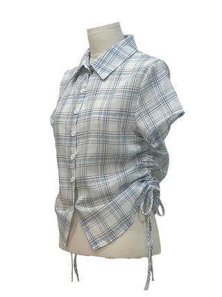 Labills vintage check ribbon strap shirring loose fit short sleeve shirt