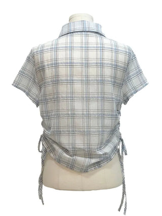 Labills vintage check ribbon strap shirring loose fit short sleeve shirt