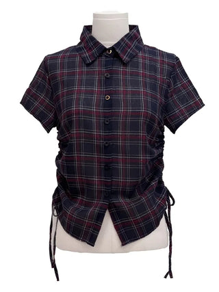 Labills vintage check ribbon strap shirring loose fit short sleeve shirt