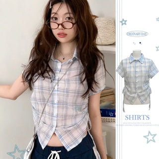 Labills vintage check ribbon strap shirring loose fit short sleeve shirt