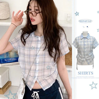 Labills vintage check ribbon strap shirring loose fit short sleeve shirt