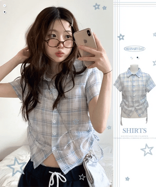 Labills vintage check ribbon strap shirring loose fit short sleeve shirt
